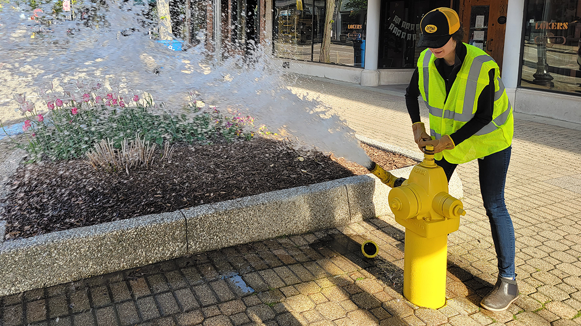 a utility worker opens a hydrant and water sprays out as example of water main flushing