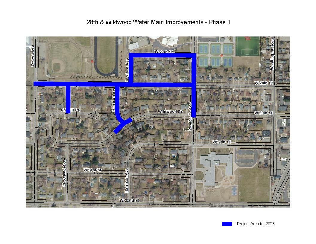 Arial map detailing the affected streets of the 28th and Wildwood water main project.