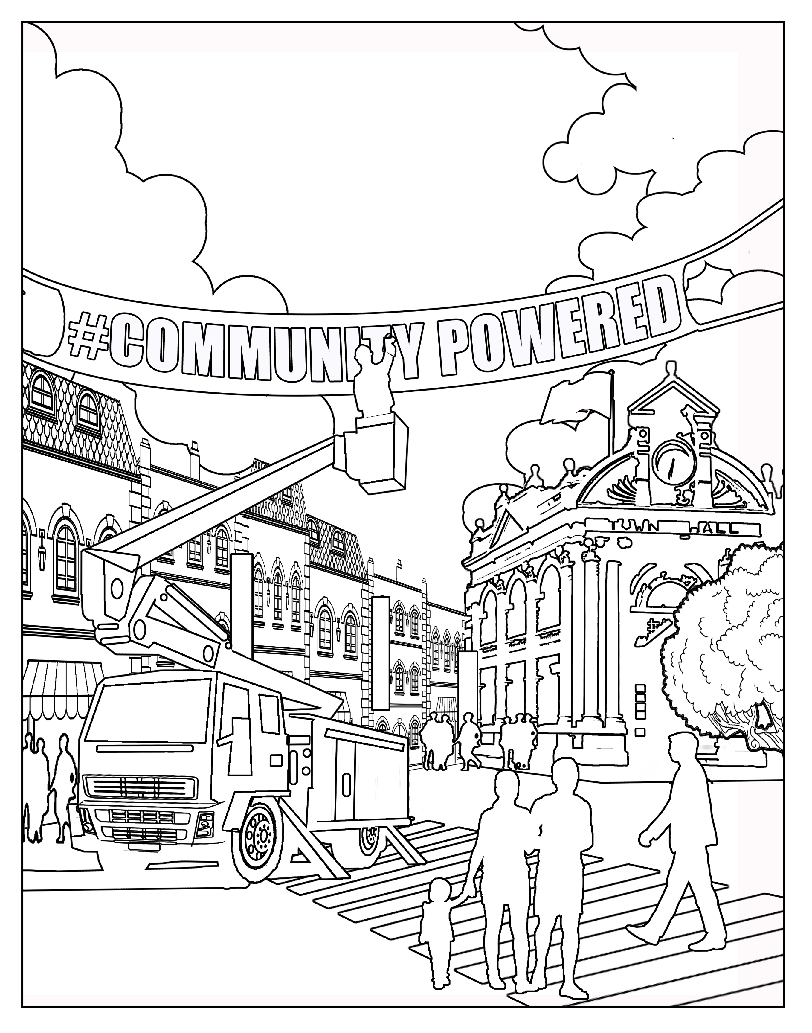 Blank coloring sheet of a town with a bucket truck hanging a banner that reads 