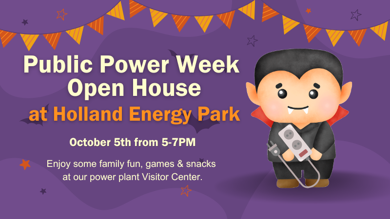 An illustrated smiling vampire holds a power strip against a purple background giving Public Power Week Open House event details.