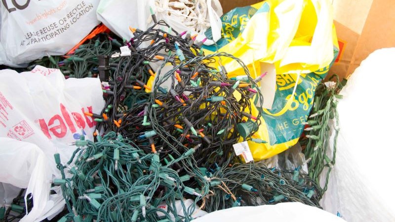 Grocery bags filled with colorful holiday lights to be recycled.