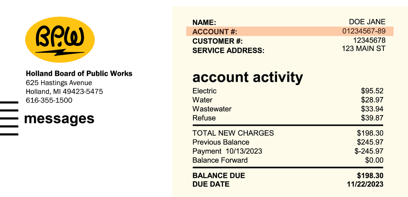 Front of Holland BPW utility bill with the account number line highlighted in red.