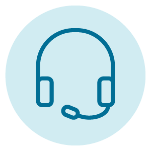 a blue circle with a line drawing of a headset with a mic