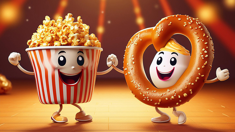 A cartoon image of a bucket of popcorn and a soft pretzel dancing. Generated with Adobe Firefly.