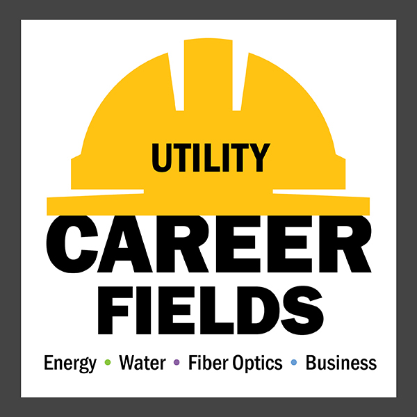 A yellow hard hat icon with stylized text that reads Utility Career Fields: Energy, Water, Fiber Optics, and Business