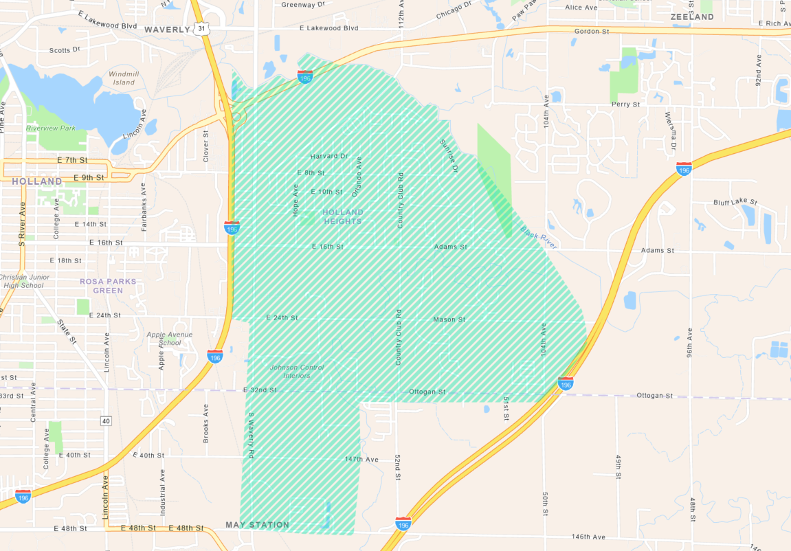 A map highlights the area in Holland, MI that will experience water main flushing. The target area is indicated by a bright green color. Areas not being flushed are in beige color tones.