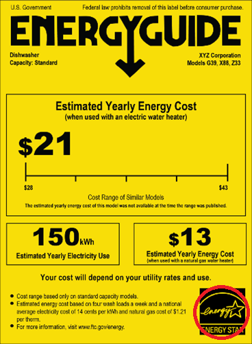 Yellow energy guide tag with the ENERGY STAR logo circled in the bottom right corner.