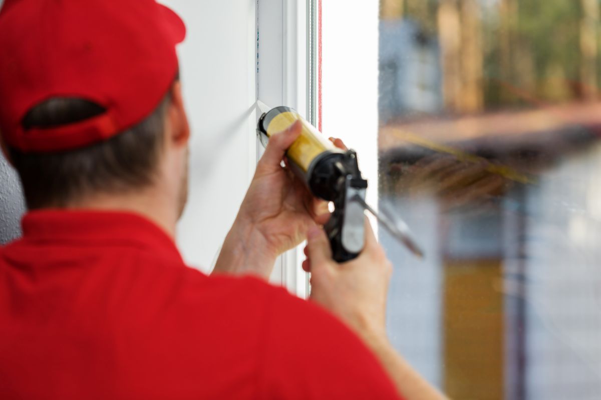 man caulking window