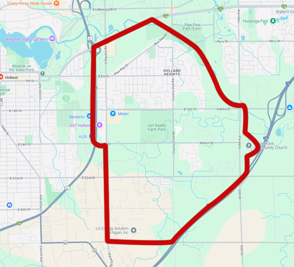 A map highlights the area in Holland, MI that will experience water main flushing. The target area being flushed is circled in red.