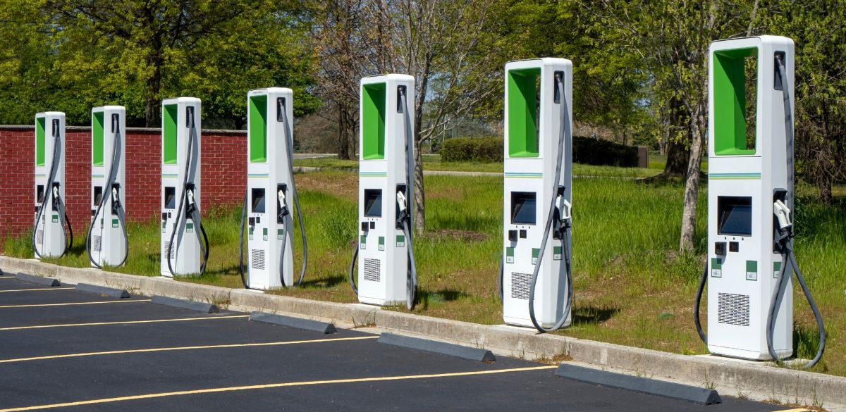 Bank of EV chargers at a business