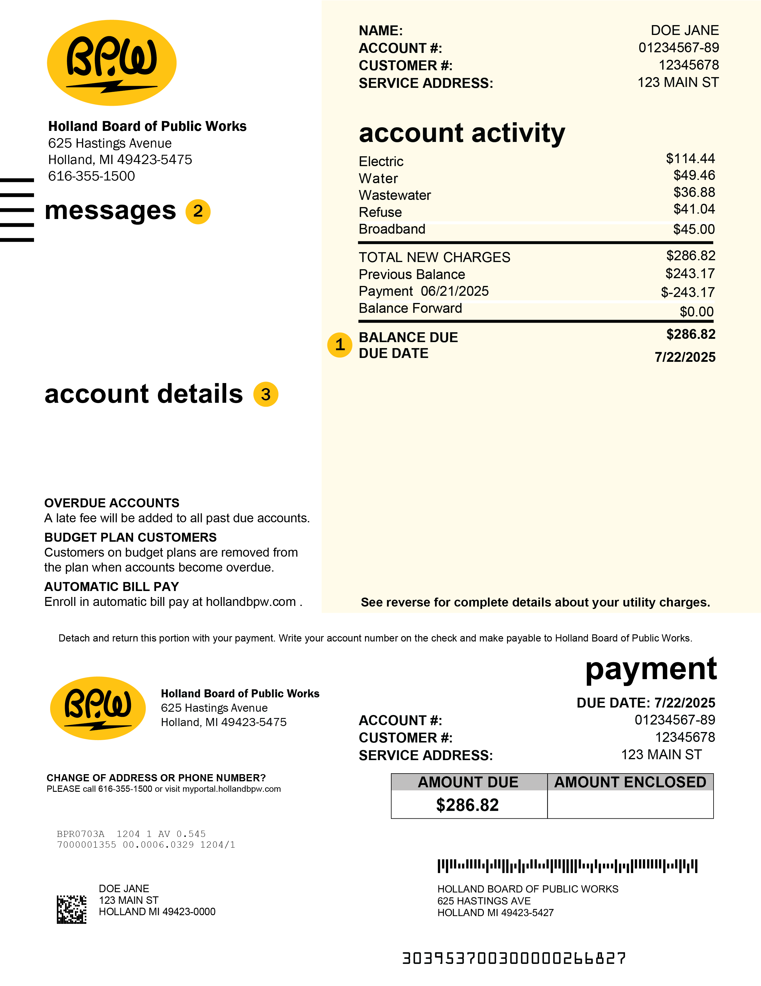 Diagram of a test bill labelled according to the text.