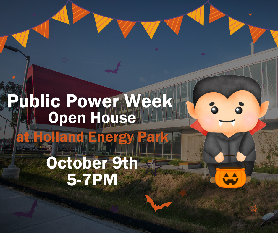 An illustrated smiling vampire holds a power strip against a purple background giving Public Power Week Open House event details.