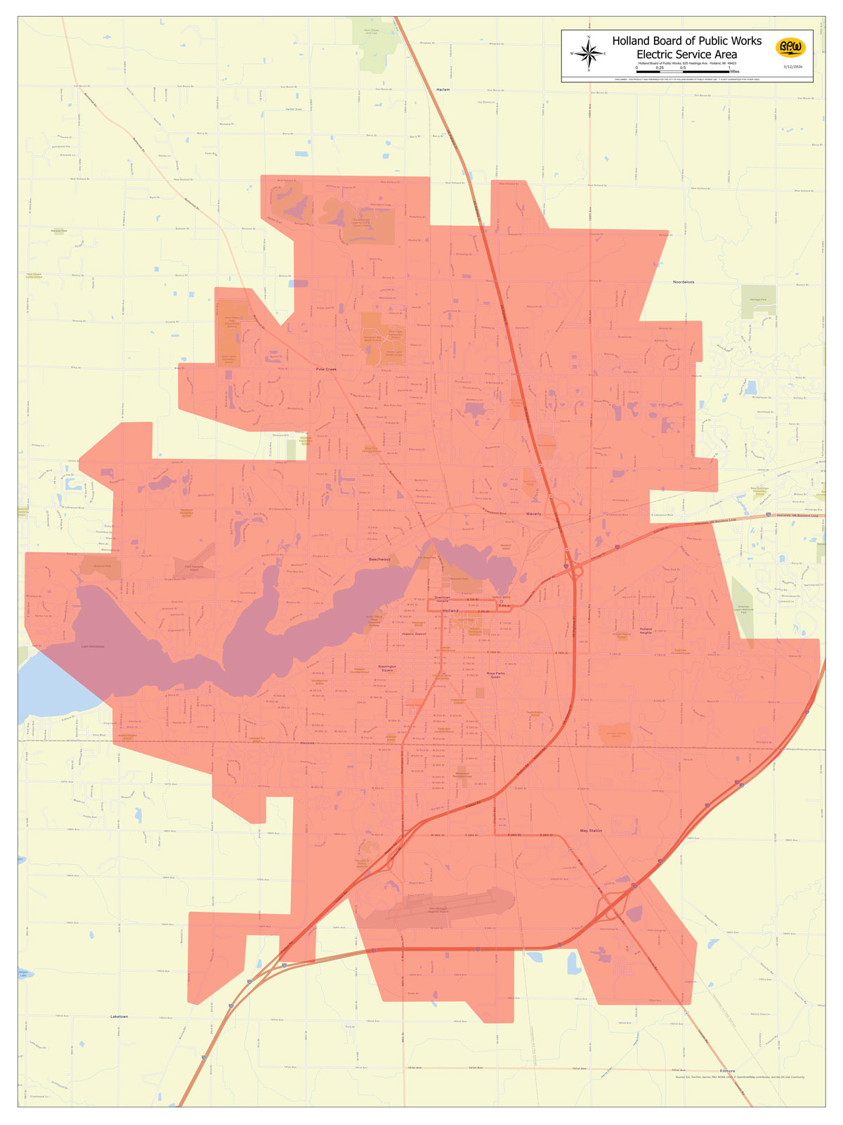 Map showing the Holland Board of Public Works electric service territory, with the service area highlighted to show where BPW provides electric service