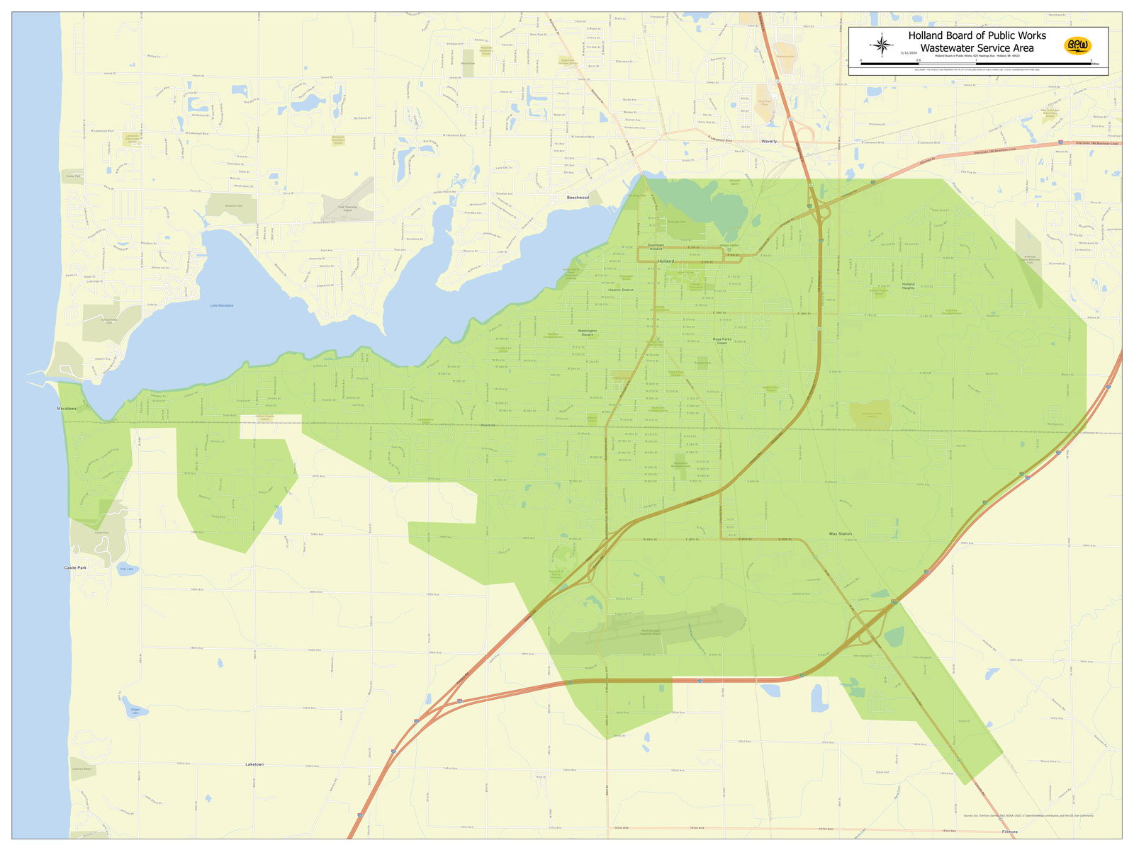 Map depicting the Holland Board of Public Works wastewater service territory, highlighting the areas served by BPW wastewater collection and treatment.