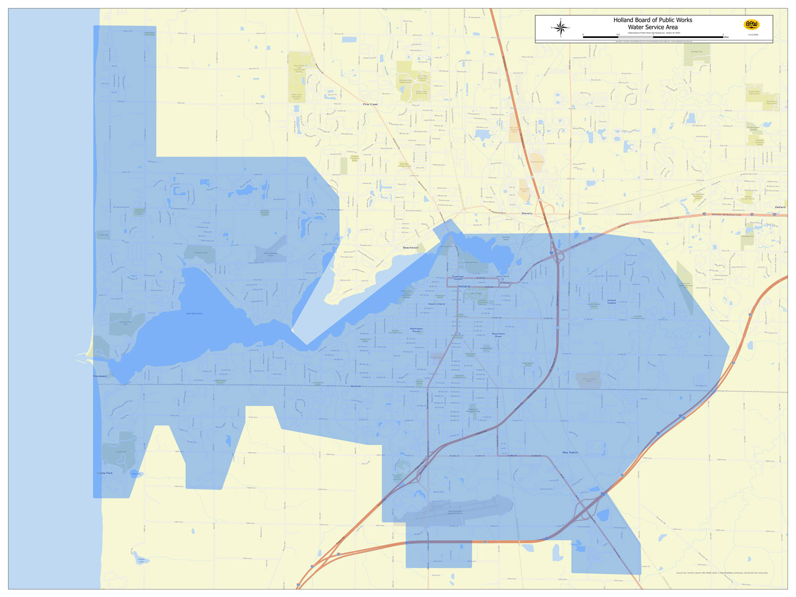 Map showing the Holland Board of Public Works water service territory, highlighting the areas where BPW provides drinking water service.