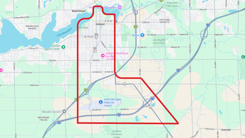 A map highlights the area in Holland, MI that will experience water main flushing. The target area being flushed is circled in red.