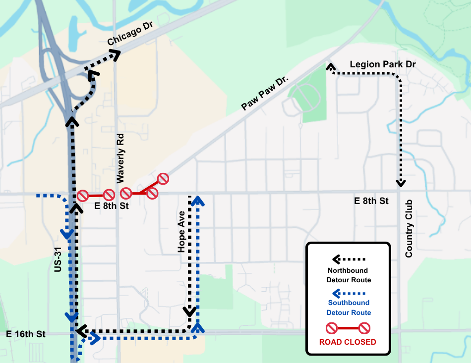 Image of map with lines to show road closures and detour routes.