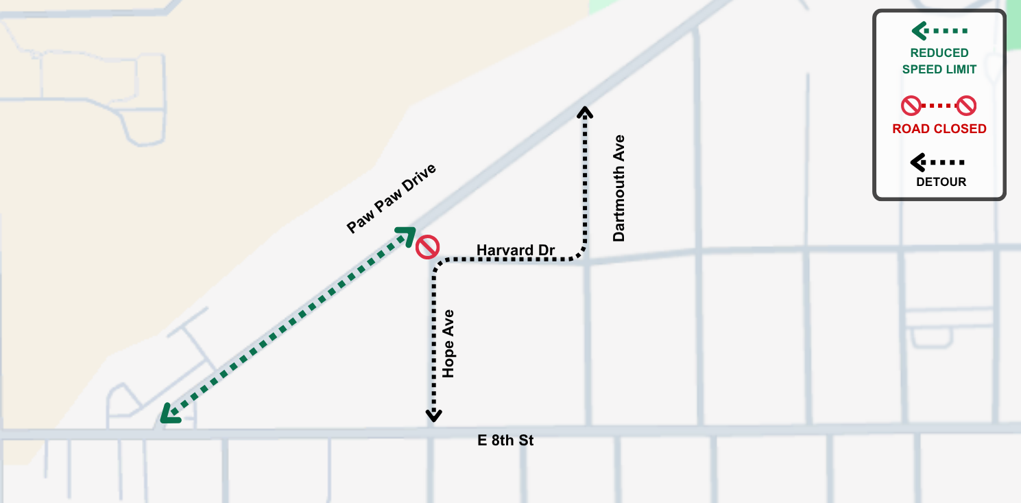 Image of map with lines to show road closures and detour routes.