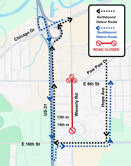 Image of map with lines to show road closures and detour routes.