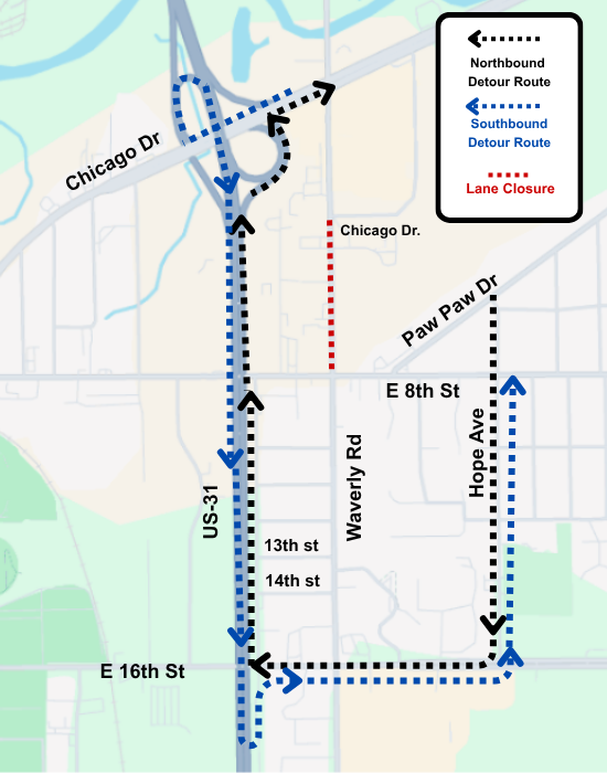 Image of map with lines to show road closures and detour routes.