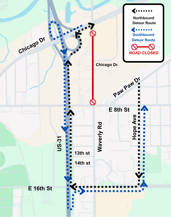 Image of map with lines to show road closures and detour routes.