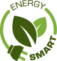 Energy smart logo with leaf surrounded by plug and chord