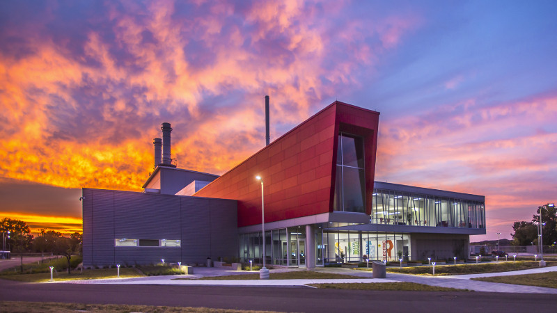 exterior of holland energy park at sunset