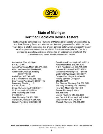 Certified Backflow Device Testers
