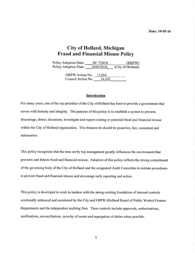 City of Holland Fraud and Financial Misuse Policy