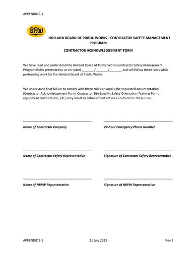 Contractor Safety Management Acknowledgement Form