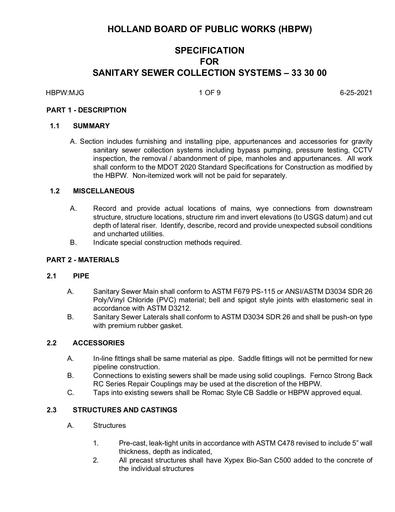 Holland BPW Requirements - Sanitary Sewer Collection Systems